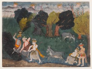 Balarama Kills the Ass Demon ، صفحة من سلسلة Bhagavata Purana المشتتة ، حوالي عام 1725 (ألوان مائية غير شفافة وفضية على ورق) بواسطة المدرسة الهندية