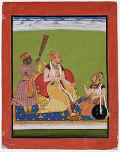 توج بهاو سينغ متوجًا بنبله عند قدميه ، c.1680 (مرحاض غير شفاف وذهب على ورق) بواسطة المدرسة الهندية