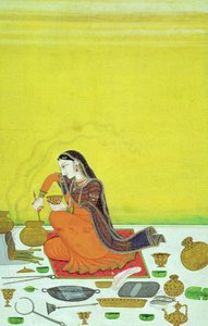 CBL في 11 ب .30 سيدة تعد وجبة ، مصغرة من سلسلة بهاجافاتا بورانا ، كانجرا ، c.1810 بواسطة المدرسة الهندية