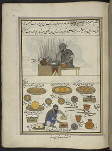 الأكلات المطبوخة وصانعي الكواب ،  86 رسمة مجمعة في مجلد تصور الحرف والمهن في كشمير ، يظهر الحرفيون في العمل بأدواتهم ومعداتهم ،  بواسطة فنان من كشمير ، ربما في سريناغار ، حوالي 1850-60 (غواش على ورق) بواسطة المدرسة الهندية