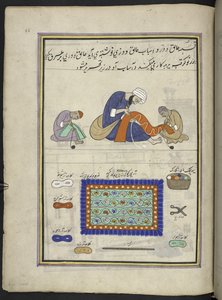 حرفيون يطرزون السجاد اللباد "(نامدا)"  86 رسماً مجلداً في مجلد يصور الحرف والمهن في كشمير ، يظهر الحرفيون في العمل بأدواتهم ومعداتهم ،  بقلم فنان من كشمير ، ربما في سريناغار ، حوالي 1850-60 (الغواش على ص بواسطة المدرسة الهندية