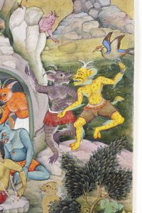 الشياطين في المناظر الطبيعية البرية ، c.1600 (مرحاض غير شفاف وذهب على ورق) بواسطة المدرسة الهندية