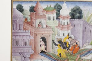 التفاصيل من Krishna Cleaves the Demon Narakasura مع قرصه ، c.1585-90 (مرحاض غير شفاف وذهب على ورق) بواسطة المدرسة الهندية