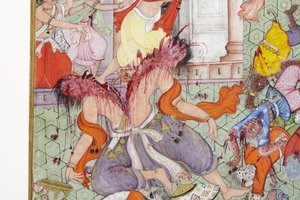 التفاصيل من Krishna Cleaves the Demon Narakasura مع قرصه ، c.1585-90 (مرحاض غير شفاف وذهب على ورق) بواسطة المدرسة الهندية