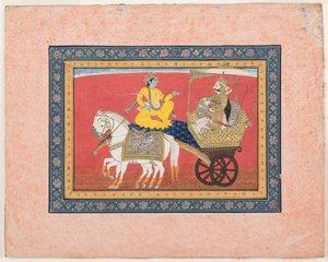 Dialogue between Krishna and Arjuna on the battlefield of Kurukshetra, c.1820 (opaque watercolour and gold on paper) بواسطة المدرسة الهندية
