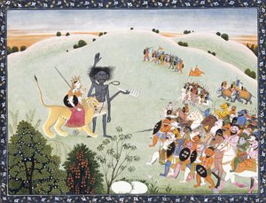دورجا وكالي واقفا قبل المضيف المتقدم للشياطين ، c.1800-1820 بواسطة المدرسة الهندية