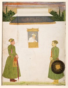 الإمبراطور أورنجزيب في نافذة jharokha ، اثنان من النبلاء في المقدمة ، c.1710 (مرحاض معتم ذهب على ورق) بواسطة المدرسة الهندية