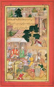 الإمبراطور بابور (حكم من 1526 إلى 30) في محادثة مع رجل عجوز ، من القرن الخامس عشر إلى السابع عشر بواسطة المدرسة الهندية