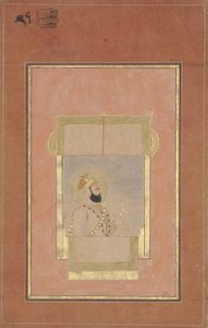 فاروق سييار جالسًا عند النافذة ، يحمل ساربك ذهبي ، c.1715 (مرحاض غير شفاف وذهب على ورق) بواسطة المدرسة الهندية