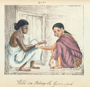 عراف وامرأة ، من "ملخص لطوائف الهند المختلفة" ، بقلم فينكاتا راماسفاني ، نشر مدراس 1837 (ليثو ملون) بواسطة المدرسة الهندية