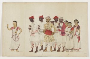 أربع راقصات في موكب مع موسيقيين ، c.1830 (مرحاض غير شفاف وذهب على ورق) بواسطة المدرسة الهندية