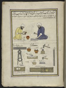 مضارب الذهب يصنعون أوراق الذهب ،  86 رسمة مجمعة في مجلد تصور الحرف والمهن في كشمير ، يظهر الحرفيون في العمل بأدواتهم ومعداتهم ،  بواسطة فنان من كشمير ، ربما في سريناغار ، حوالي 1850-60 (غواش على ورق) بواسطة المدرسة الهندية