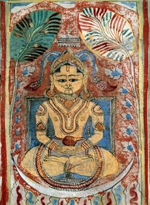 اليانية (jinism): تمثيل النبي جاين (زعيم روحي). صفحة مخطوطة من "" Kalpasutra "بقلم بهادراباهو (433-357 قبل الميلاد) 1453 Paris، BN بواسطة المدرسة الهندية