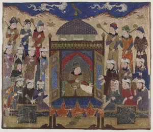 خسرو برويز جالسًا على تخت تقيس ، 1425-50 بواسطة المدرسة الهندية