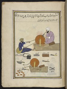 مطاحن السكين  86 رسمة مجمعة في مجلد تصور الحرف والمهن في كشمير ، يظهر الحرفيون في العمل بأدواتهم ومعداتهم ،  بواسطة فنان من كشمير ، ربما في سريناغار ، حوالي 1850-60 (غواش على ورق) بواسطة المدرسة الهندية