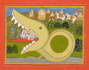 يدخل كريشنا ورعاة البقر في أجاسوراس ، c.1800 (مرحاض غير شفاف وذهب على ورق) بواسطة المدرسة الهندية