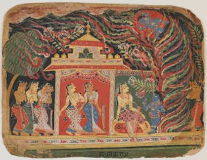حمل كريشنا بواسطة Whirlwind Demon ، من Bhagavata Purana. c.1520-30 (مرحاض غير شفاف على الورق) بواسطة المدرسة الهندية