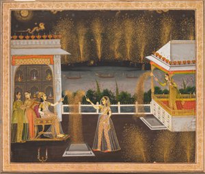 سيدات يحتفلن بعيد ديوالي، حوالي عام 1760 (ألوان مائية غير شفافة وذهبية على ورق) بواسطة المدرسة الهندية