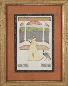 سيدة تغري طاووسًا بخيط من اللؤلؤ ، حوالي 1800 (غواش وذهب على ورق) بواسطة المدرسة الهندية
