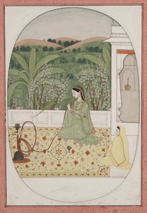 سيدة على شرفة بها شيشة ، حوالي عام 1770 (غواش وذهب على ورق) بواسطة المدرسة الهندية