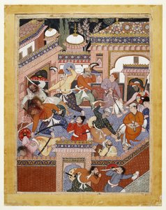 بقيادة Songhur Balkhi و Lulu the Spy ، قام الأيارون بشق حناجر حراس السجن وسعيد الحرة Farrukh-Nizhad ، 1557-1572 (ألوان مائية مبهمة وذهب على قماش قطني) بواسطة المدرسة الهندية