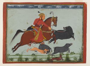 مهراجا براتاب سينغ الثاني من Mewar Hunting Boar ، حوالي 1750-75 (ألوان مائية وذهبية وفضية على ورق) بواسطة المدرسة الهندية