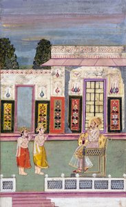 المهراجا ساواي جاي سينغ يستقبله رجلان متوجان ، c.1735 (مرحاض غير شفاف وذهب على ورق) بواسطة المدرسة الهندية