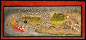ماهارانا جاغات سينغ الثاني للصقور وصيد الخنازير ، حوالي عام 1740 (معتم w - c ، فضي وذهبي على الورق ، مثبت على صفحة ألبوم) بواسطة المدرسة الهندية