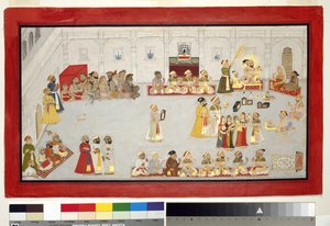 ماهارانا سانجرام سينغ مع أبنائه وكفاءاته ، c.1715 (مرحاض غير شفاف وذهب على ورق ، مثبت على صفحة ألبوم) بواسطة المدرسة الهندية