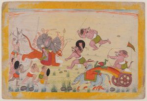 ماهاسورا يهاجم ديفي ، الورقة من سلسلة ديفي ماهاتيا المتفرقة ، 1770-80 (مرحاض على الورق) بواسطة المدرسة الهندية