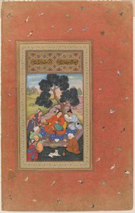 الزعيم المغولي والحاشية، صحيفة من ألبوم غولشان (ألبوم حديقة الورود)، حوالي 1600 (ألوان مائية غير شفافة وحبر وذهب على ورق) بواسطة المدرسة الهندية