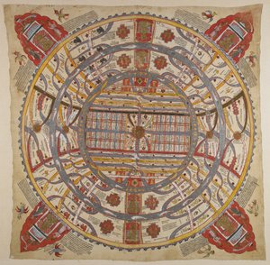 أو 13937 f.1 رسم تخطيطي للكون ، مع نص باللغة السنسكريتية والغوجاراتية (ألوان مائية على القماش) بواسطة المدرسة الهندية