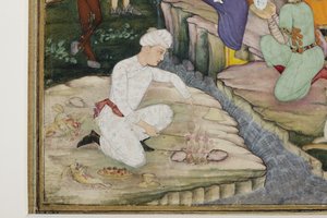 التنزه أثناء الصيد ، التفاصيل ، c.1615 (مرحاض غير شفاف على الورق) بواسطة المدرسة الهندية