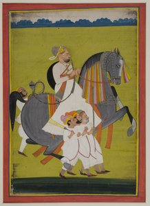 صورة لتاكور سورتان سينغ من نيمباج ، على ظهور الخيل مع القائمين على الأقدام ، 1820 (الغواش على الورق الهندي) بواسطة المدرسة الهندية