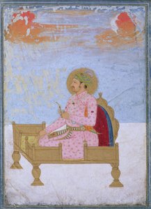 صورة للإمبراطور جهانكير (1569-1627) جالسًا على عرش يحمل سرابيش ، موغال ، c.1720-40 بواسطة المدرسة الهندية