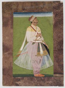 صورة لرئيس Rathor Bhagwan Das ، لعشيرة Mertia في Rian ، Jodhpur ، 1820 (غواش مثبت على ورق هندي مع حدود ورق بني مركب) بواسطة المدرسة الهندية
