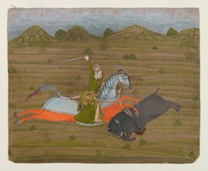 Prince Hunting Wild Boar (Miniature Painting) ، 1765 (مرحاض غير شفاف وذهب على ورق) بواسطة المدرسة الهندية
