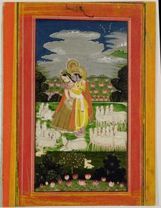 رادها وكريشنا يحتضنان في المناظر الطبيعية المثالية مع الأبقار ، c.1780 (مرحاض غير شفاف على الورق) بواسطة المدرسة الهندية