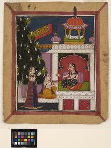 ؟ راجا: رجل راكع يعرض كتابًا لسيدة في جناح ، حوالي 1800 (ألوان مائية غير شفافة على ورق) بواسطة المدرسة الهندية