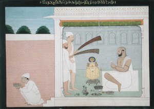 راجا بولوانت سينغ يؤدي أداء بوجا ، حوالي عام 1750 (حبر وغسل ملون على الورق) بواسطة المدرسة الهندية