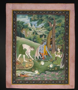 راما ، لاكشمانا ، وسيتا للطبخ والأكل في البرية ، c.1820 (الغواش بالذهب على الورق) بواسطة المدرسة الهندية