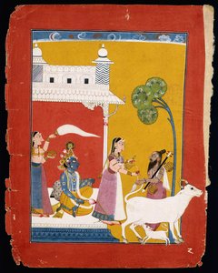 Rukmini تقدم الماء للحكيم نارادا بينما يجلس زوجها كريشنا في منزلها ، c.1725-1730 بواسطة المدرسة الهندية