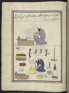 سروج ،  86 رسمة مجمعة في مجلد تصور الحرف والمهن في كشمير ، يظهر الحرفيون في العمل بأدواتهم ومعداتهم ،  بواسطة فنان من كشمير ، ربما في سريناغار ، حوالي 1850-60 (غواش على ورق) بواسطة المدرسة الهندية