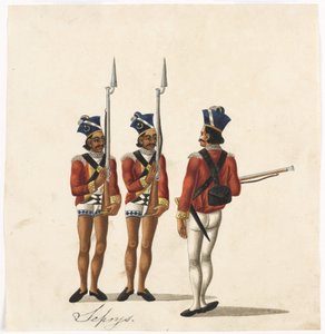 Sepoys وضابط هندي ، جيش البنغال ، حوالي عام 1815 (ألوان مائية على ورق) بواسطة المدرسة الهندية