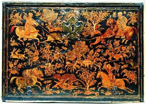 جانب من خزانة كتابة تصور الصيد النبلاء ، القرن السابع عشر (الخشب المطلي) بواسطة المدرسة الهندية