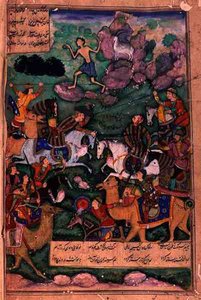 معركة العشائر ، الورقة ١٥ ب من قصيدة ليلى والمجنون ، كتبها أمير خسرو دهلوي (١٢٥٣-١٣٢٥) على أساس قصة من خامسا (خماسي) كتبها نظامي ، موغال ، ١٦٠٠ بواسطة المدرسة الهندية