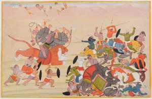 ديفي يهزم ماهيساسورا ، الورقة من سلسلة ديفي ماهاتمييا المتفرقة ، c.1770-80 (مرحاض على ورق) بواسطة المدرسة الهندية
