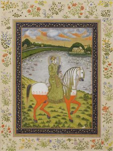 الإمبراطور محمد شاه ، الفروسية ، في مجال الصيد ، حوالي 1750 (مرحاض غير شفاف وذهب على ورق) بواسطة المدرسة الهندية
