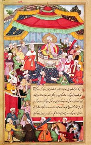 الملك على عرشه محاطة بحاشيه ، من بابورناما (مذكرات بابور) 1530 بواسطة المدرسة الهندية