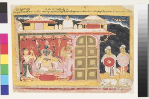 عبادة فيشنو عند ولادة كريشنا ، قبل 1560 (مرحاض غير شفاف على الورق) بواسطة المدرسة الهندية